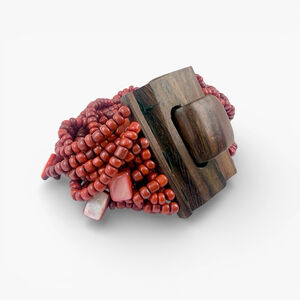 Vintage Red Coral Multi Strand Bracelet Carved Wood Box Clasp Boho Tribal